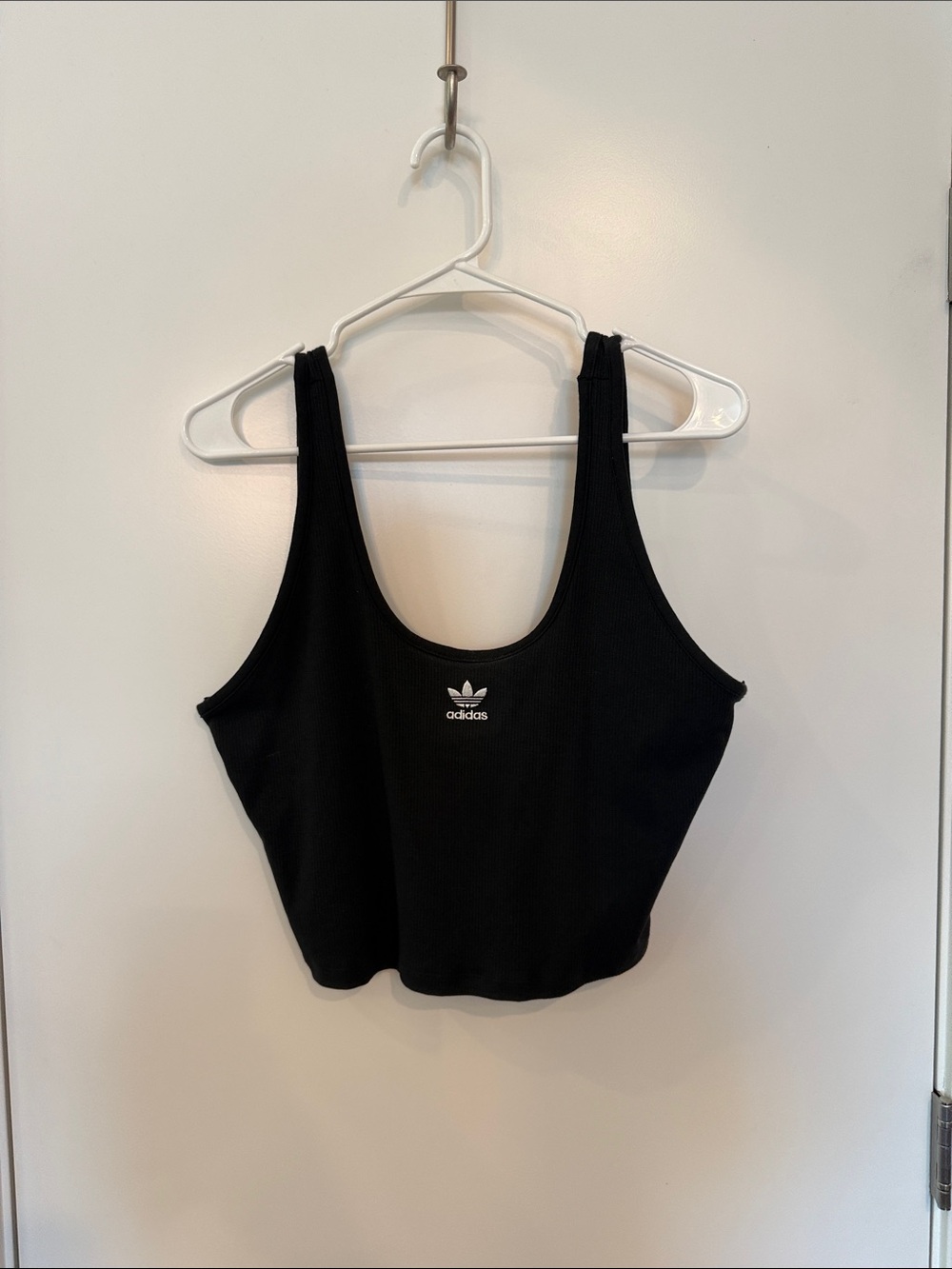 adidas Black Ribbed Cropped Tank with Trefoil Emblem